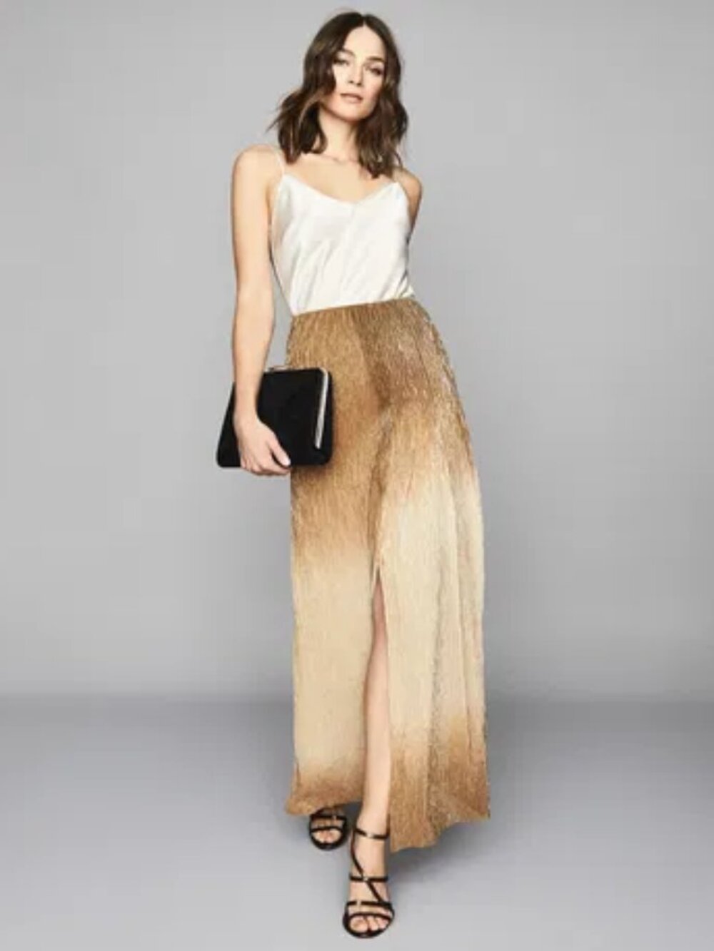 New Reiss Size 2 Gold Champagne Ombré Emmeline Metallic Pleated Maxi Skirt NWT - Picture 4 of 16